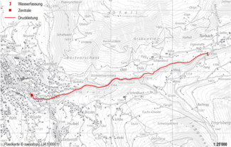 Lageplan der Fassung, Druckleitung und Zentrale.